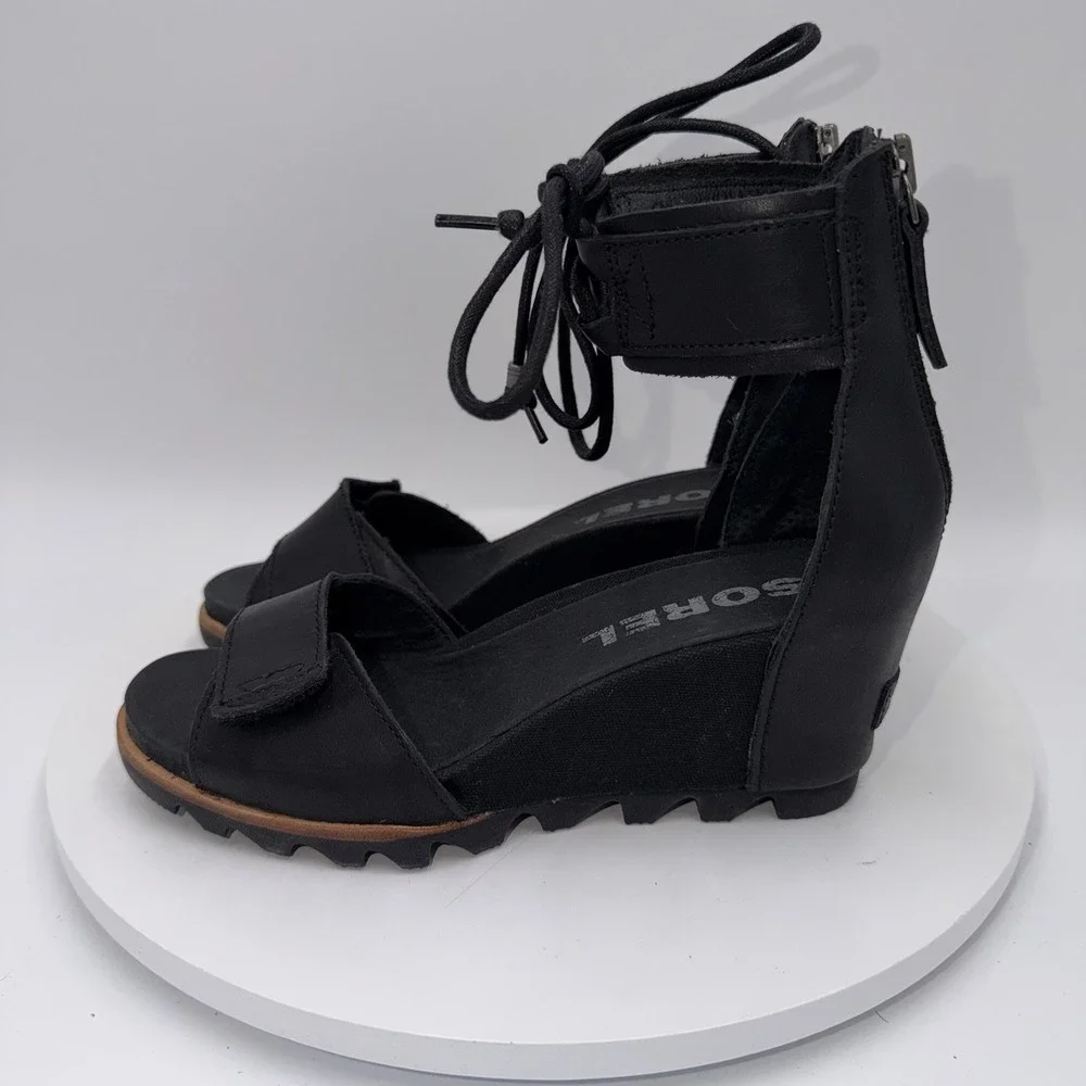 Sorel Joanie Black Leather Ankle Lace Up Wedge Heels Sandals Women's Size 9